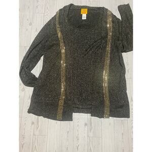Ruby Rd Petite PXL Black Metallic Open Front Cardigan Sweater Gold Trim Sparkle